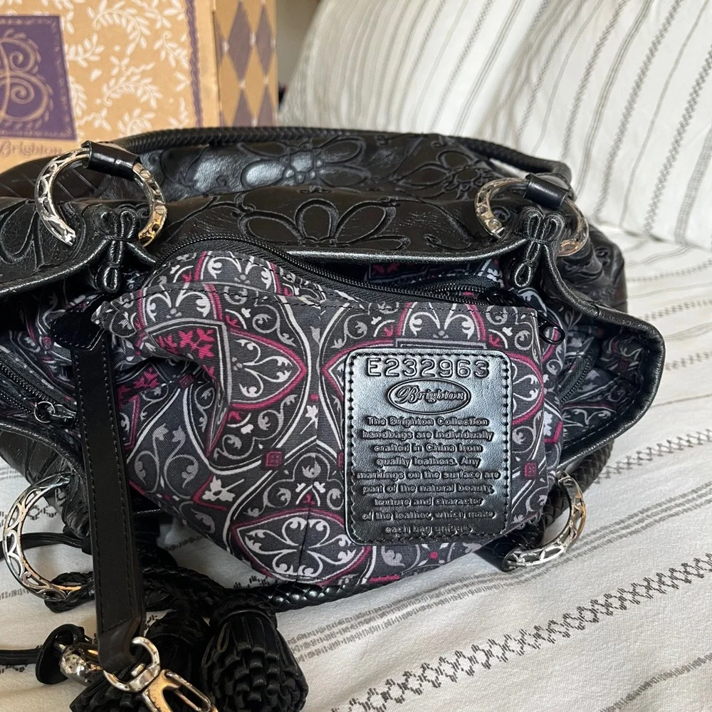 Brighton Black Embossed Floral Leather Shoulder Bag with Tassel - Picture 6 of 10